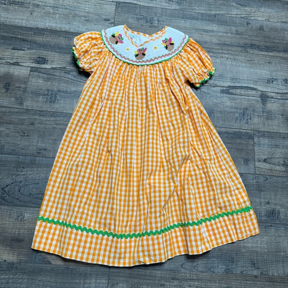 Marmellata Smock Turkey Thanksgiving Orange and White Gingham Dress - Picture 1 of 9